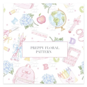 Preppy School Watercolor Seamless Pattern // Preppy school backpack// crayons// Fabric Pattern // Baby Pink art // Hydrangea Pattern