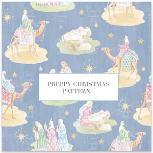 May include: Watercolor pattern on a blue background featuring camels, stars, and figures in festive attire. The text "PREPPY CHRISTMAS PATTERN" is displayed in a white rectangle. The design has a whimsical, holiday theme.