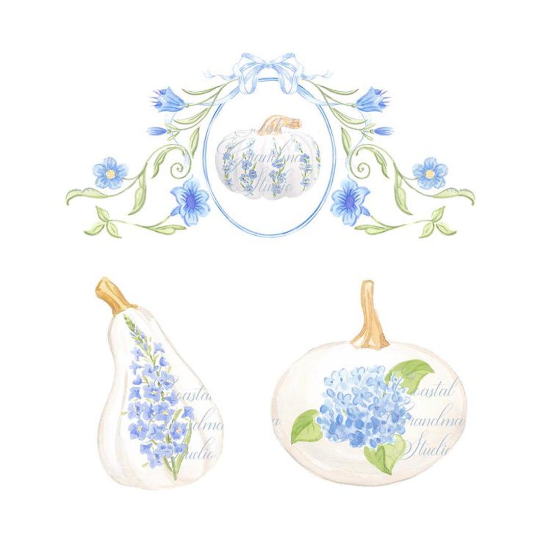 Blue & White Pumpkin Watercolor Clipart: Fall Thanksgiving PNG (digital ...