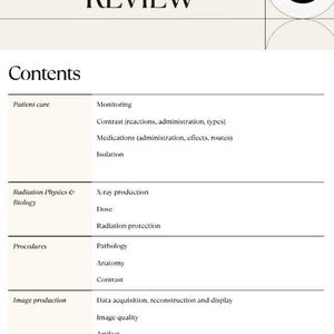 Puede incluir: Un contorno en blanco y negro de un símbolo de radiación con un triángulo negro en su interior. El texto "CT ARRT BOARD REVIEW" está por encima del símbolo. El texto "Contents" está en la parte superior de la página. La página enumera temas relacionados con la tomografía computarizada, incluyendo la atención al paciente, la física de la radiación, los procedimientos y la producción de imágenes.