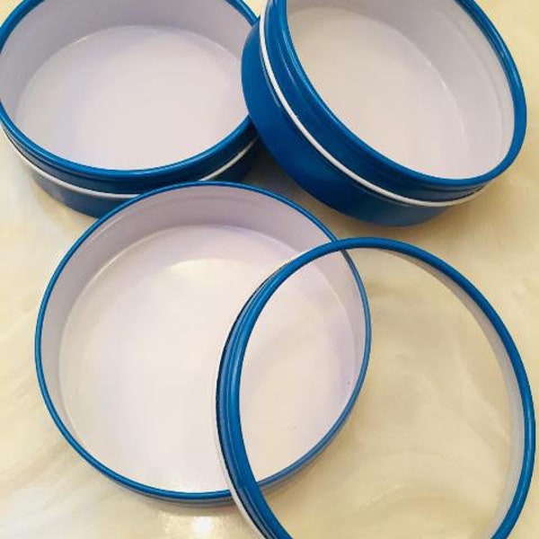 8 oz round quality metal blue craft  tins with clear window lids, sets of 3