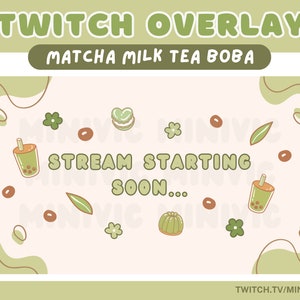 Animierte Matcha Milch Tee Boba Twitch Overlay Screens für Stream | Gemütlich/Ästhetisch/Einfach/Bequem/Kawaii/Luftschlangen/Dessert