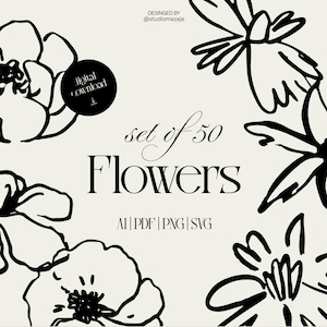 手描き 50 ラインの花、ベクター イラスト、ミニマリストの花のイラスト、アート パック、植物スケッチ