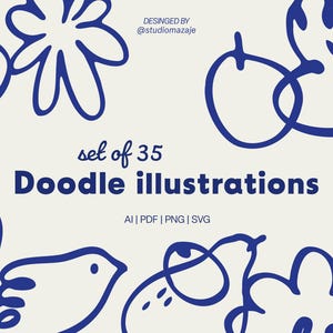 Może przedstawiać: Zestaw 35 niebieskich ilustracji w stylu doodle, w tym kwiat, ptak, serce i liść. Tekst "set of 35 Doodle illustrations" znajduje się w środku obrazu. Tekst "AI | PDF | PNG | SVG" znajduje się pod tekstem "Doodle illustrations".