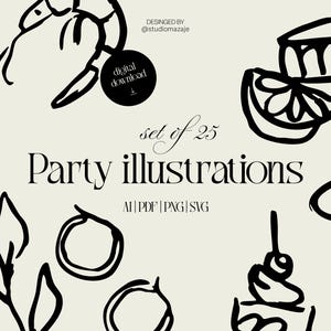 Feestavond set illustraties - vectorkunst, ploter, hand tekenen, pliki SVG, doodle, esthetiek