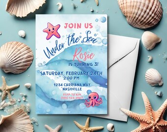 May include: Under the Sea birthday party invitation with a blue watercolour background, a pink starfish, and a pink octopus. The invitation says "Join us Under the Sea Rosie is turning 3! Saturday, February 24th 2:00 PM 1234 Carrianna Way Nashville RSVP to Kim, (555) 123-4567"
