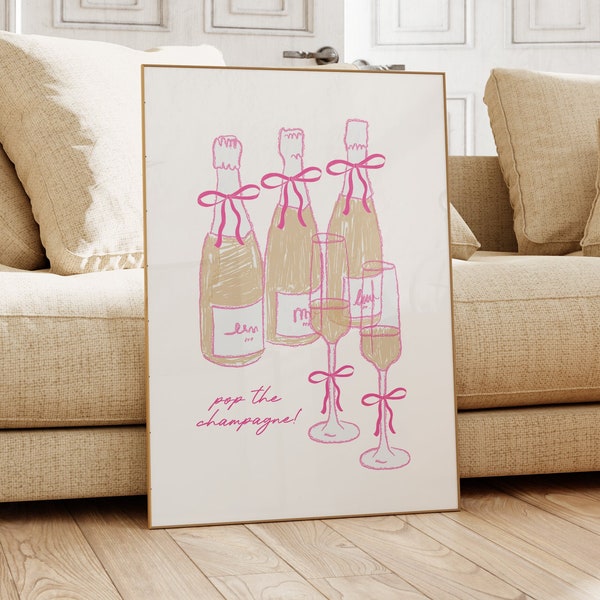 Champagne Art Coquette Room Decor Preppy Wall Art Pink Dorm Room Decor Girly Wall Art Preppy Art Print Bow Art Aesthetic Poster Bar Cart Art