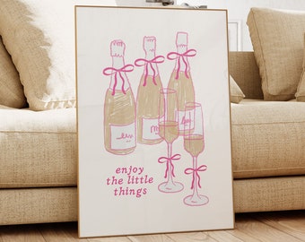 Champagne Art Coquette Room Decor Preppy Wall Art Pink Dorm Room Decor Girly Wall Art Preppy Art Print Bow Art Aesthetic Poster Bar Cart Art