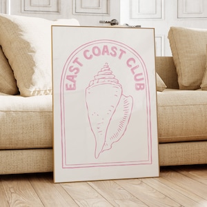Rosa costa este pared arte moderno arte costero Nantucket impresión ostra concha arte nieta costera impresión decoración playa habitación decoración cartel rosa