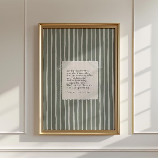 Olivgrün Bibel Vers Kunst für Jungen Kinderzimmer Dekor Blauer Streifen Wand Kunst Boho Christian Art Minimalist Dekor Wehklagen Wandkunst Junge Taufe