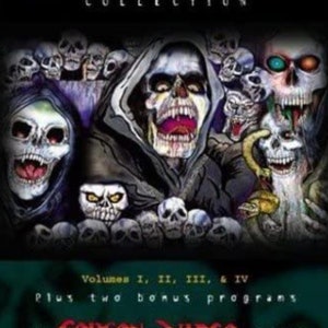 Puede incluir: Una carátula de DVD para la colección Faces of Death, volúmenes I, II, III y IV, más dos programas extra. La carátula presenta un fondo oscuro con una calavera con una túnica con capucha y rodeada de otras calaveras. El texto "A Gorgon Video Release" está en la parte inferior de la carátula.