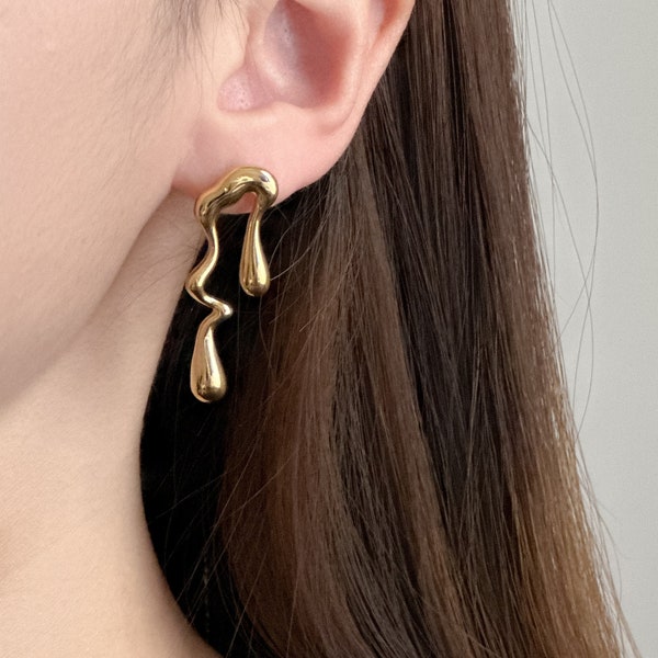 18K Abstract Gold Earrings | Gold Irregular Stud Earrings | Dripping Earrings | Mismatched Gold Earrings | Asymmetric Earrings |Gift For Her