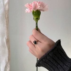 ANNJORI 14K Gold Vermeil Natural Black Onyx Dainty Ring| Square Ring| Stackable Ring| Adjustable Ring| Gift For Her| Statement Ring| Vintage