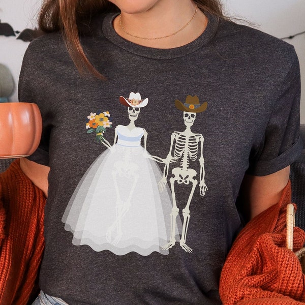 Cowboy Skeleton Bride Groom T-Shirt, Western Wedding Shirt, Halloween Wedding Tee, Skeleton Wedding Shirt, Halloween Bride and Groom, Spooky
