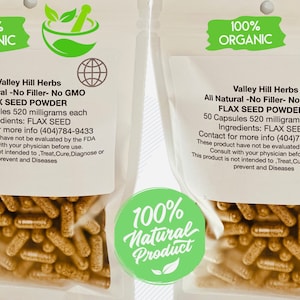 Flax Seed Powder 100% organic capsules 520mg each Heart Health  Supplement