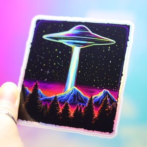 Holographic UFO Abduction Sticker: Retro Alien Spaceship Decal, Magnet