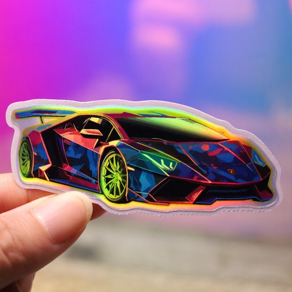 Holo Lamborghini Supercar Sports Race Car Sticker Magnet Holographic Shiny for Laptop | Decal | Racing Hologram |  Shiny Gift for Kids