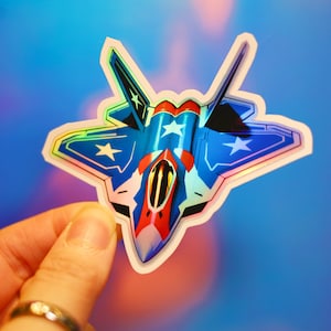 Red White & Blue F-22 Raptor Fighter Jet Sticker Air Force Magnet Holographic Shiny for Laptop | Decal | USAF Navy Holo | Military Gift Bulk