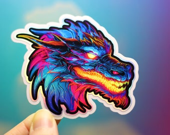 Sticker dragon holographique, sticker néon crachant du feu, aimant