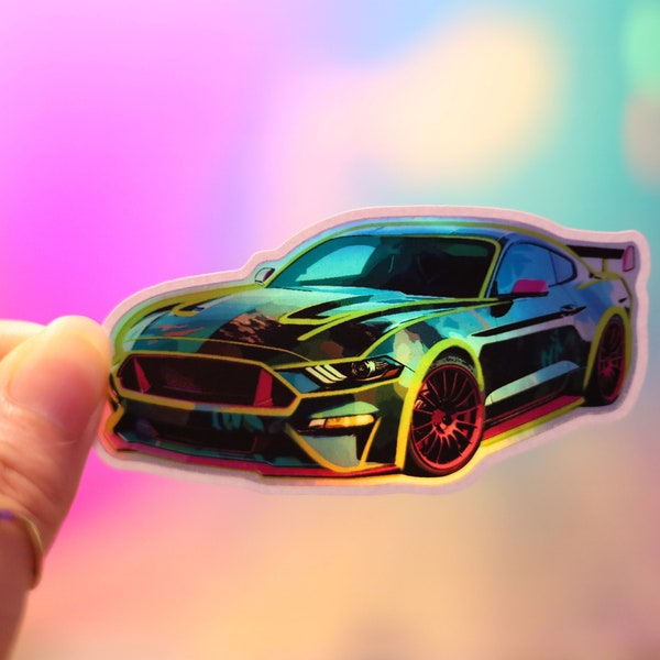 Holo Mustang GT Muscle car Sticker Holographic Shiny for Laptop | Car Decal | Water Bottle racing Hologram |  Shiny American Sports Car