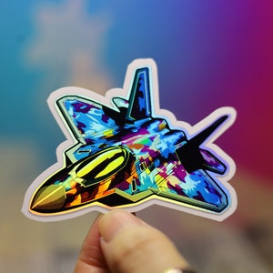 Holo F-22 Rainbow Camo Raptor Fighter Jet Sticker Holographic Shiny Decal colorful graphic Car Cute Decal Handmade Bumper Air Force Magnet