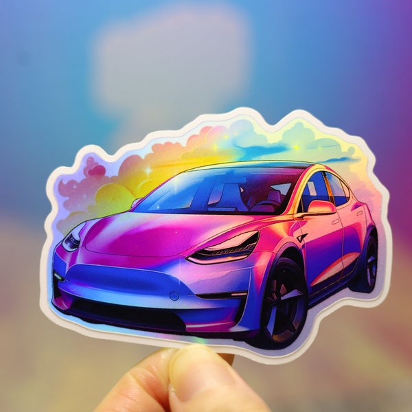 Holo Model Y electric Car Sticker Magnet Holographic Shiny Graphic for Laptop | unique Decal | automobile Hologram |  Shiny Gift for Kids