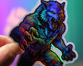 Autocollant holographique de loup-garou Halloween | Loup américain | Sticker holographique Wolfman Magnet pour ordinateur portable | Voiture étanche| Hologramme | Cadeau graphique brillant