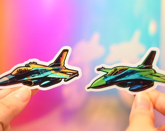 2x Holo F-16 Fighting Falcon Fighter Jet Stickers Holographic Shiny Military Decal Water Bottle Cute Decal Handmade Glow Shiny Air Force