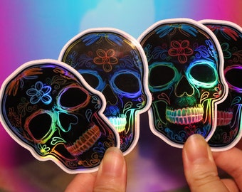 Holo Sugar Skull Sticker Holographic Scary Halloween Decal Shiny for Laptop Skateboard Bottle Neon Dark Bones Rainbow Skeleton Head