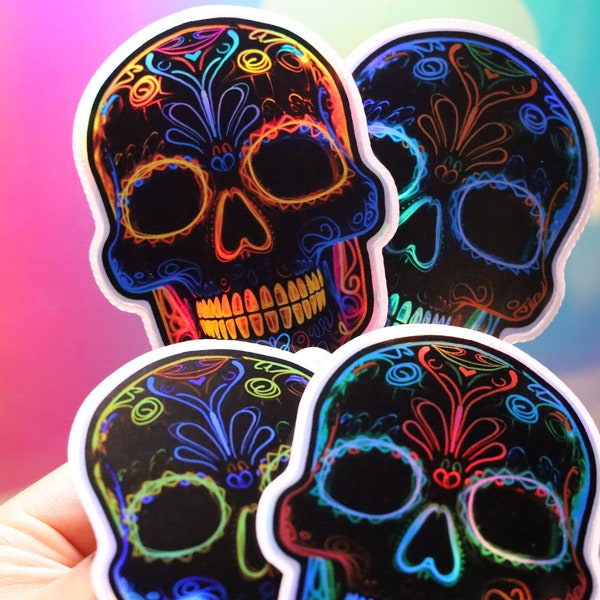 Holo Sugar Skull Sticker Holographic Scary Halloween Decal Shiny for Laptop Skateboard Bottle Neon Dark Bones Rainbow Skeleton Head