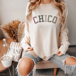 long sleeve Chico shirt, vintage feel, garment washed clothing, comfy crewneck t shirt, housewarming gift, college student gift, premium