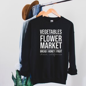 Chico, farmers market, flower market, black crewneck sweatshirt, unisex clothing, navy, green, tan, hometown pride, California apparel