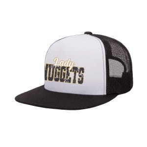 May include: A black and white trucker hat with the text "Lady Nuggets" in gold and black lettering. The hat has a black brim and a white front panel with a black mesh back.