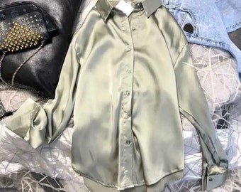 Pearl Green Silk Blouse, Silk Clothing, Satin Blouse, Satin Shirt, Work Wear, Business Casual