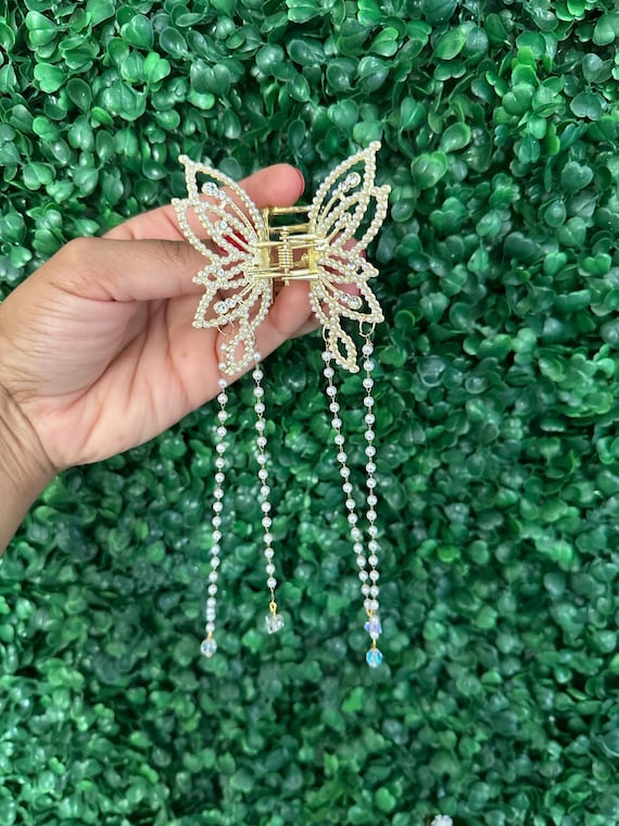 Gold Pearl and Crystal Butterfly Hair Claw Clip. Hanging 