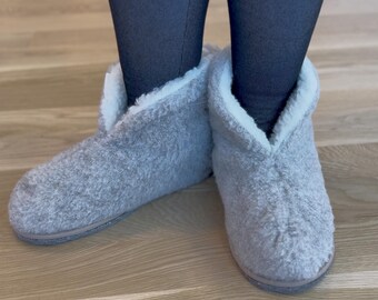 Booties slippers 100% genuine natural sheep wool inside and outside with matted wool felt sole in grey and beige lightweight footwear