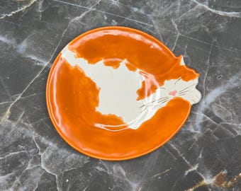 cookware gift unique plate handmade cat painted pottery decorative ceramic white orange artisanal original dinner cute beautiful big table