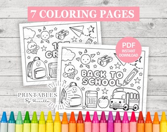 May include: Black and white coloring pages featuring back to school themes. The pages include a school bus, backpack, apple, juice box, bee, pencil sharpener, and a sun. The text "Back to School" is written in bold letters. The text "7 Coloring Pages" is written in pink letters at the top of the image. The text "PDF Instant Download" is written in a pink circle.