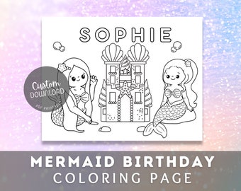 Mermaid Birthday Coloring Page, Underwater Birthday Coloring Sheets, Personalized Mermaid Party Theme, Personalized Coloring Page