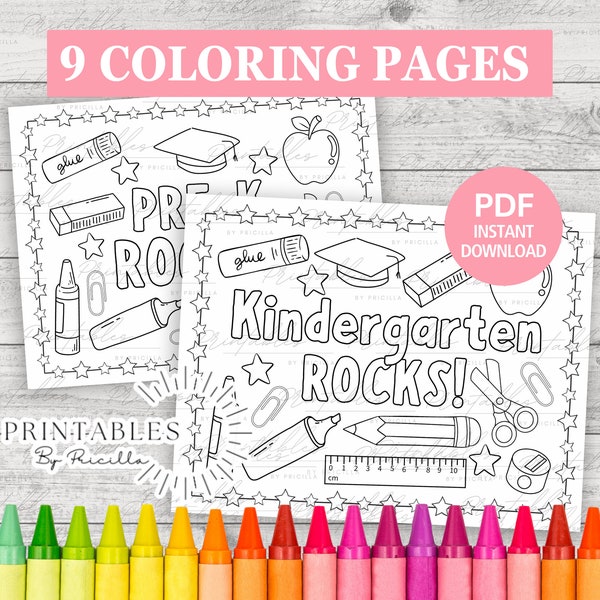 Back to School Coloring Pages for Grades Pre-K to 6th Grade, School Rocks, Printable, Instant Digital Download, First Day of School