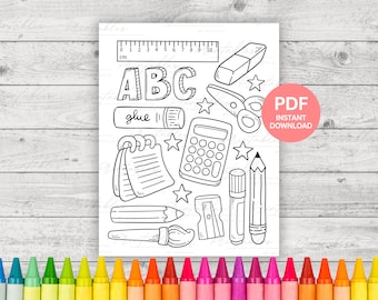 Back to School Coloring Page, School Coloring Pages, School Supplies Coloring Page, Teacher Printable, Kids Coloring Pages, Digital Download