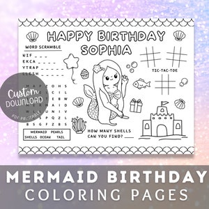 Placemat personalizado de fiesta de sirena, imprimible bajo la página para colorear de cumpleaños del mar, actividad de la sirenita, personalizado, juegos de fiesta de princesa