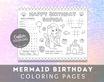 Custom Mermaid Party Placemat, Printable Under the Sea Birthday Coloring Page, Little Mermaid Activity, Personalized, Princess Party Games