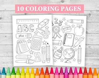 Peut inclure: Deux pages à colorier en noir et blanc représentant des fournitures scolaires. La première page comprend une règle, des ciseaux, de la colle, une calculatrice, des crayons, un pinceau et un taille-crayon. La deuxième page comprend un globe terrestre, un crayon, un stylo, un cahier, un taille-crayon, une pomme, un crayon de couleur et une médaille. Les textes "ABC" et "123" sont inclus sur les pages.