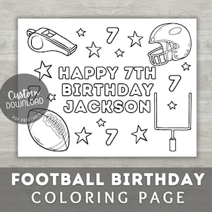Página para colorir de festa de aniversário de futebol, lembrancinhas de futebol americano, atividade esportiva para meninos para impressão, atividade de aniversário infantil, lembrancinha de festa personalizada