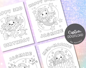 Mermaid Birthday Coloring Pages, Underwater Birthday Coloring Sheets, Personalized Mermaid Party Theme, Set of 5 Sheets