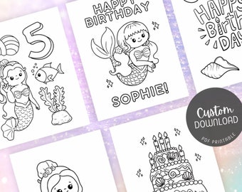 Mermaid Birthday Coloring Pages, Underwater Birthday Coloring Sheets, Personalized Mermaid Party Theme, Set of 5 Sheets