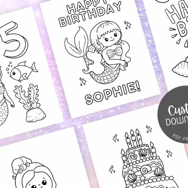 Mermaid Birthday Coloring Pages, Underwater Birthday Coloring Sheets, Personalized Mermaid Party Theme, Set of 5 Sheets