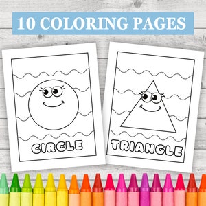 May include: Black and white colouring pages featuring a circle and a triangle with faces. The title "10 Coloring Pages" is at the top of the image. A row of coloured crayons is at the bottom of the image.