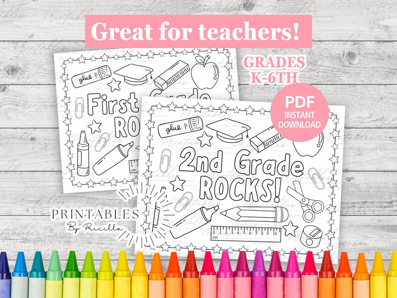 First Grade Rocks Image Printable Back to School Coloring Pages for Grades Pre-k to 6th Grade, School ...
